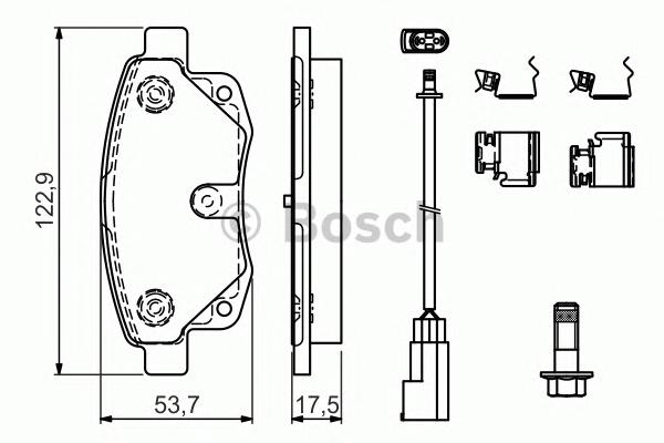 0 986 494 614, Комплект тормозных колодок, с датчик и винты, скобы TRANSIT 06->(Rear)