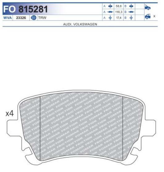 FO 815281, Комплект тормозных колодок, дисковый тормоз  AUDI, VW (Rear)