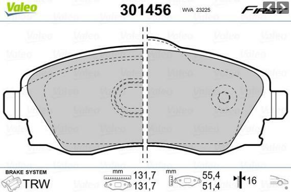 301456, Комплект тормозных колодок, дисковый тормоз OPEL (Front) 16mm