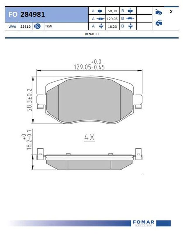 FO 284981, Комплект тормозных колодок, дисковый тормоз (Front)